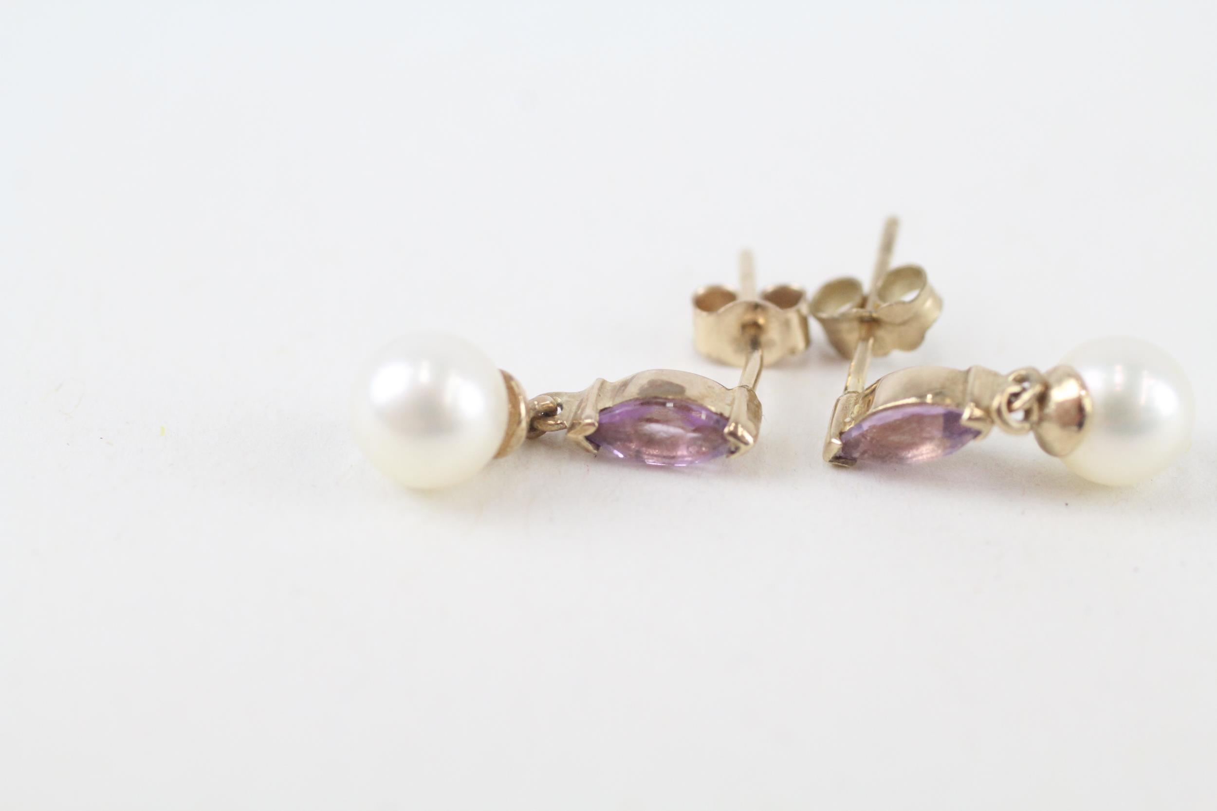 9ct gold marquise cut amethyst & cultured pearl drop earrings (1.4g) - Image 3 of 4