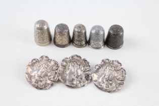 8 x Antique / Vintage Hallmarked .925 STERLING SILVER Thimbles & Buttons (49g) - Inc Charles Horner,