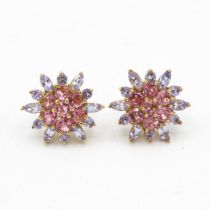 9ct gold pink tourmaline & tanzanite floral cluster stud earrings (3.9g)
