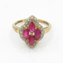 9ct gold ruby four stone cluster cocktail ring with white sapphire frame (2.6g) Size O