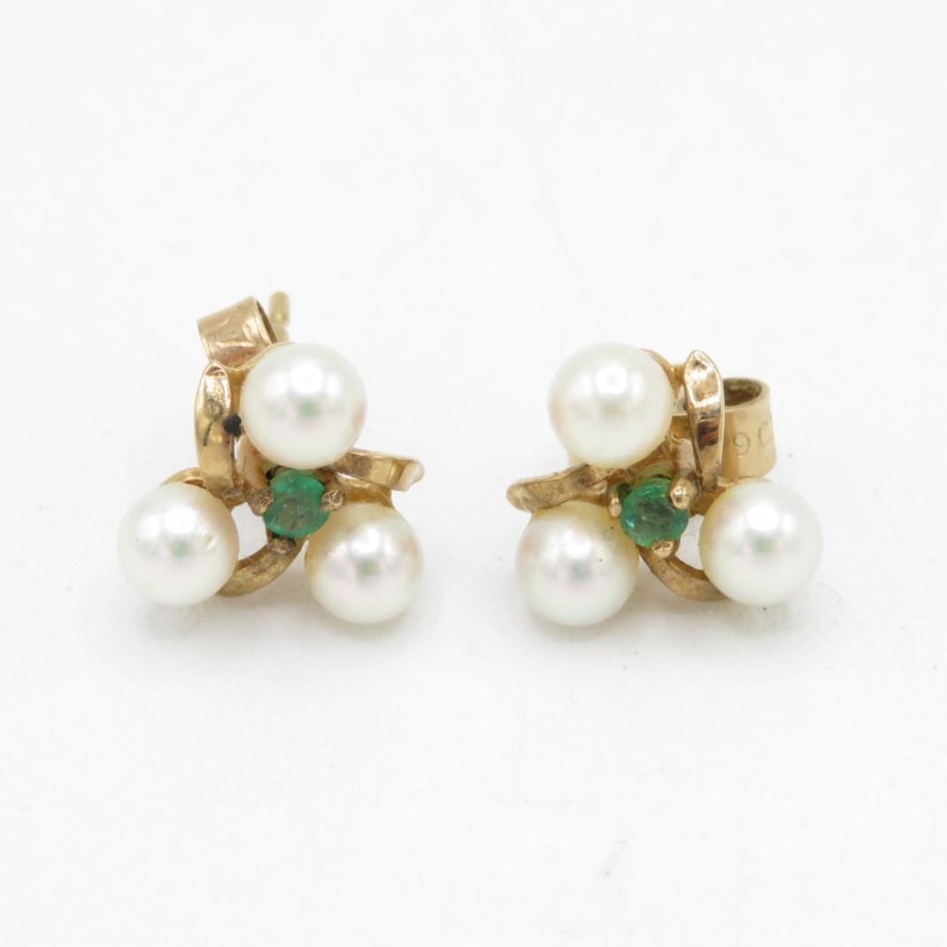 9ct gold emerald & cultured pearl cluster stud earrings (1.5g)