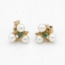 9ct gold emerald & cultured pearl cluster stud earrings (1.5g)