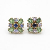 9ct gold multi-gemstone cluster stud earrings inc. tanzanite, sapphire & green kyanite (3g)
