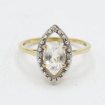 9ct gold morganite single stone marquise ring with diamond set frame (2.3g) Size P 1/2