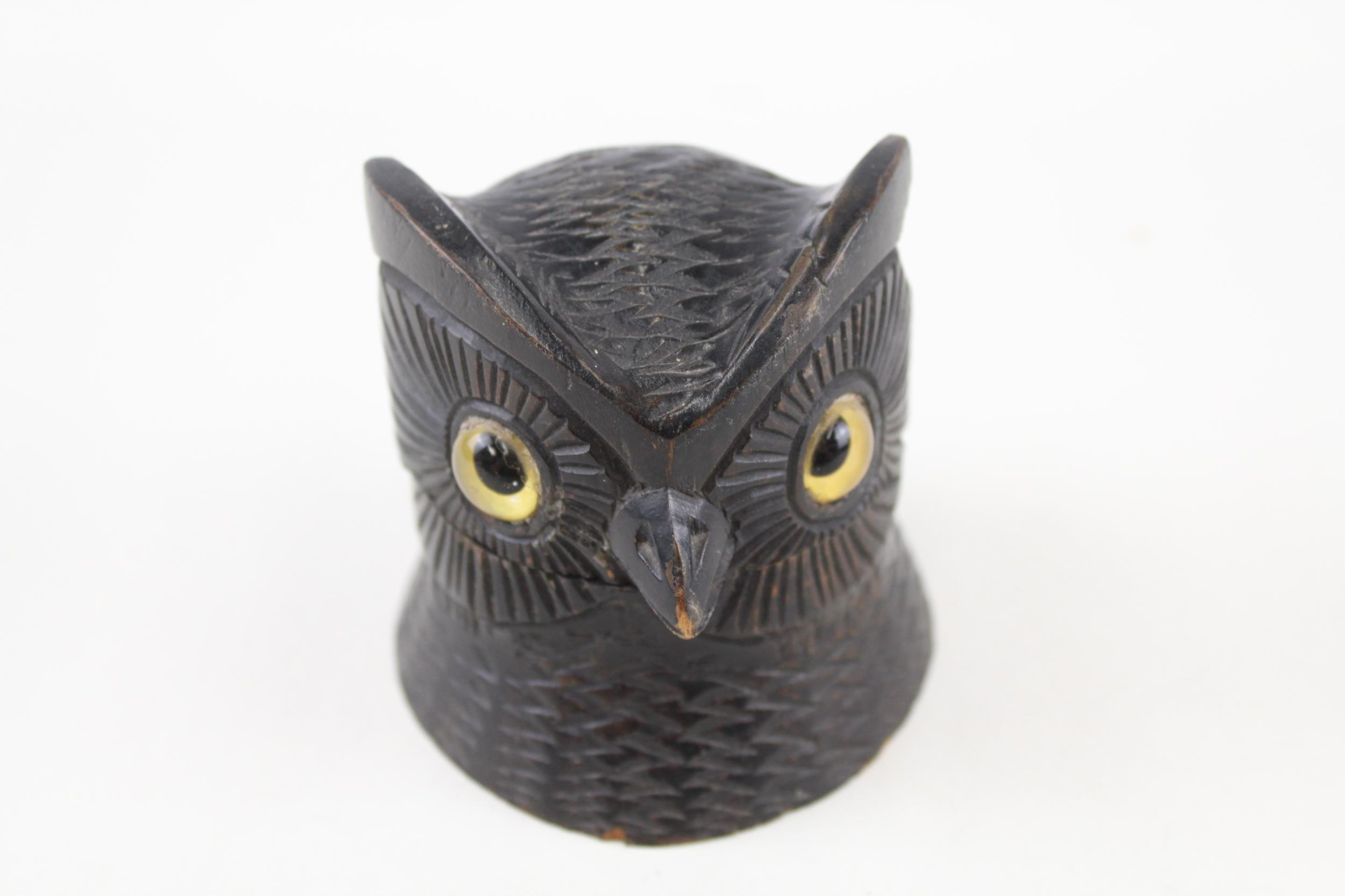 Antique 19th Century Black Forest Carved Wood Owl Head Inkwell - Height - 7.8cm In antique condition