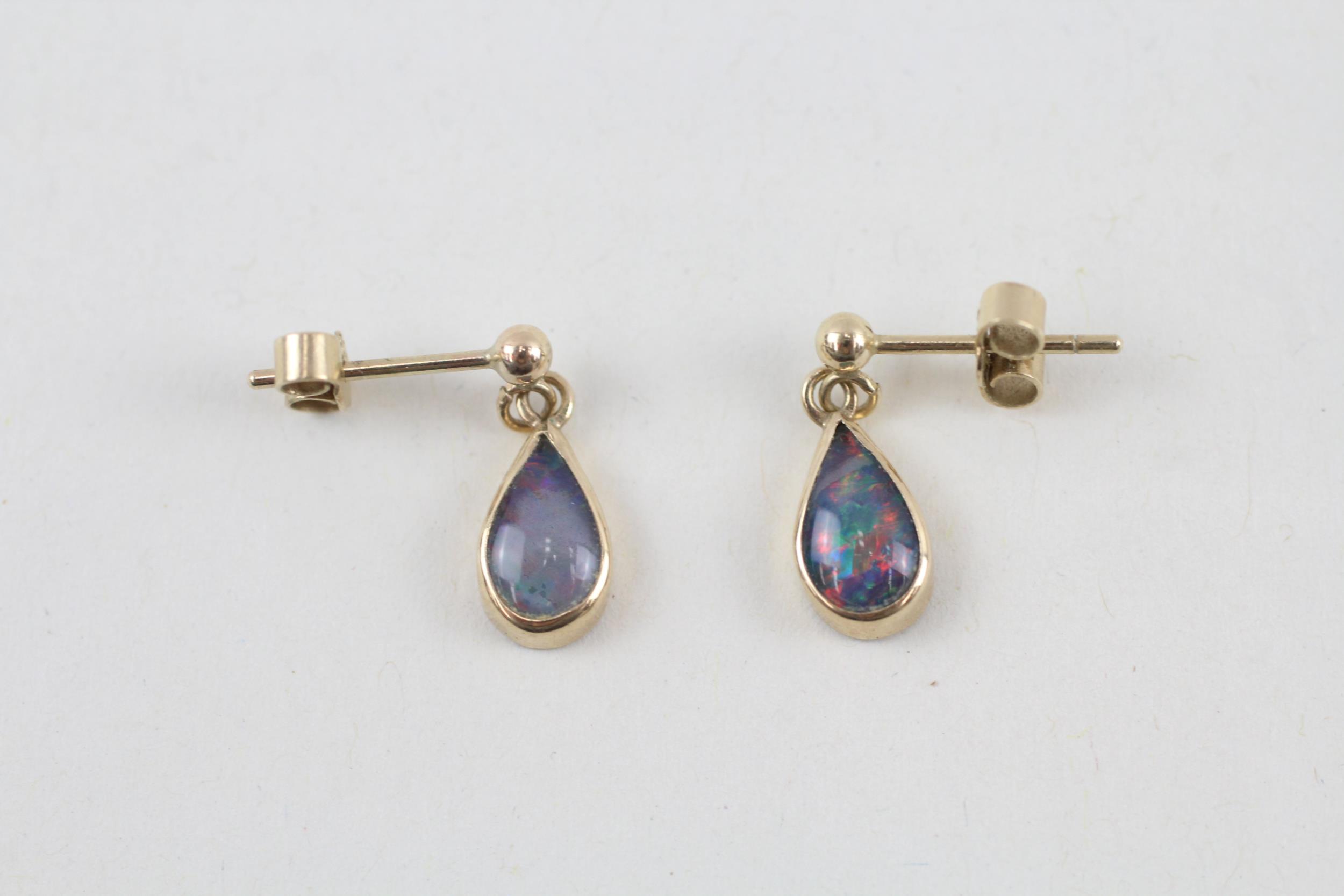 9ct gold vintage opal triplet drop earrings with scroll backs (0.8g)