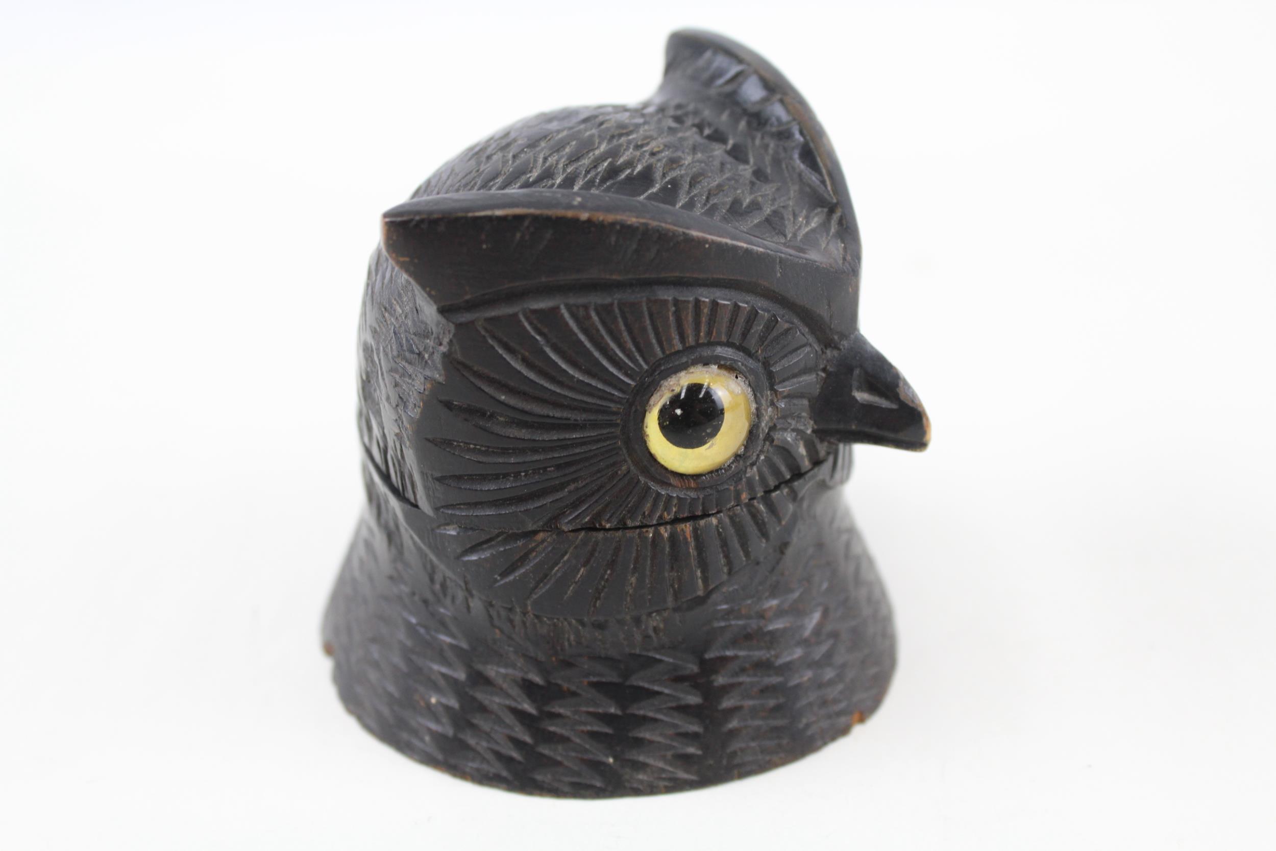 Antique 19th Century Black Forest Carved Wood Owl Head Inkwell - Height - 7.8cm In antique condition - Image 2 of 5