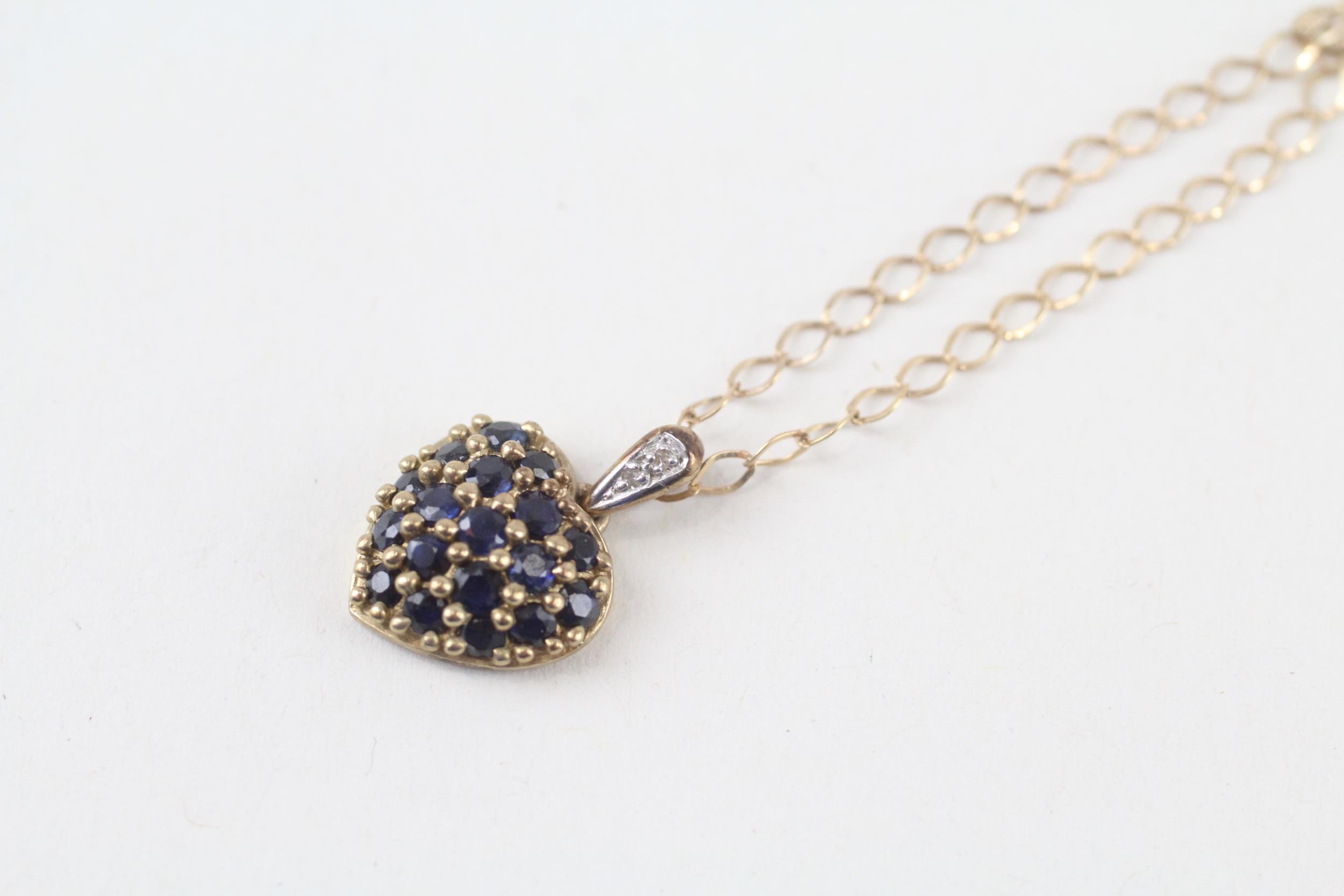 9ct gold vintage sapphire and diamond set heart pendant necklace (2.2g)