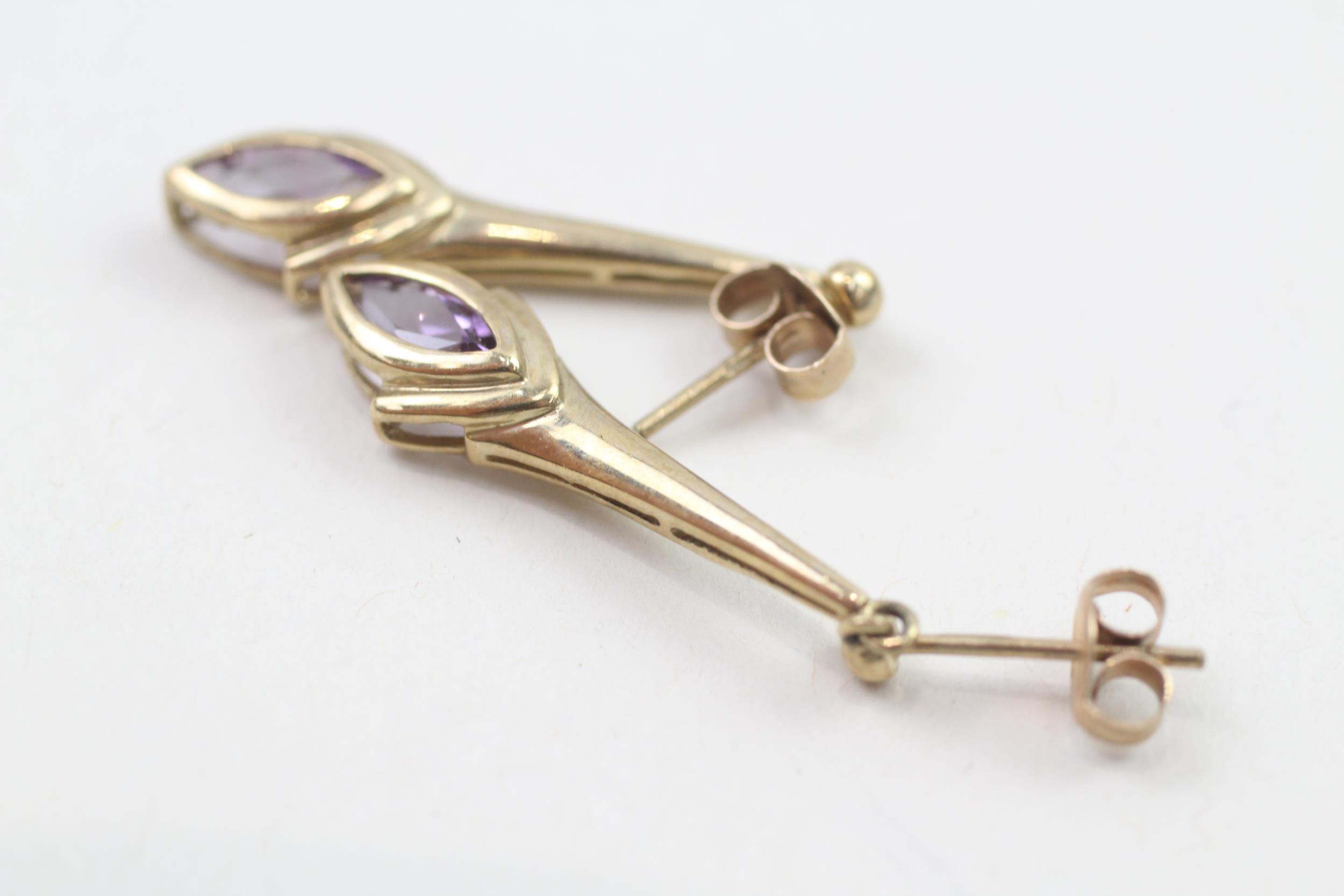 9ct gold marquise cut amethyst drop earrings with scroll backs (2.3g) - Image 4 of 4