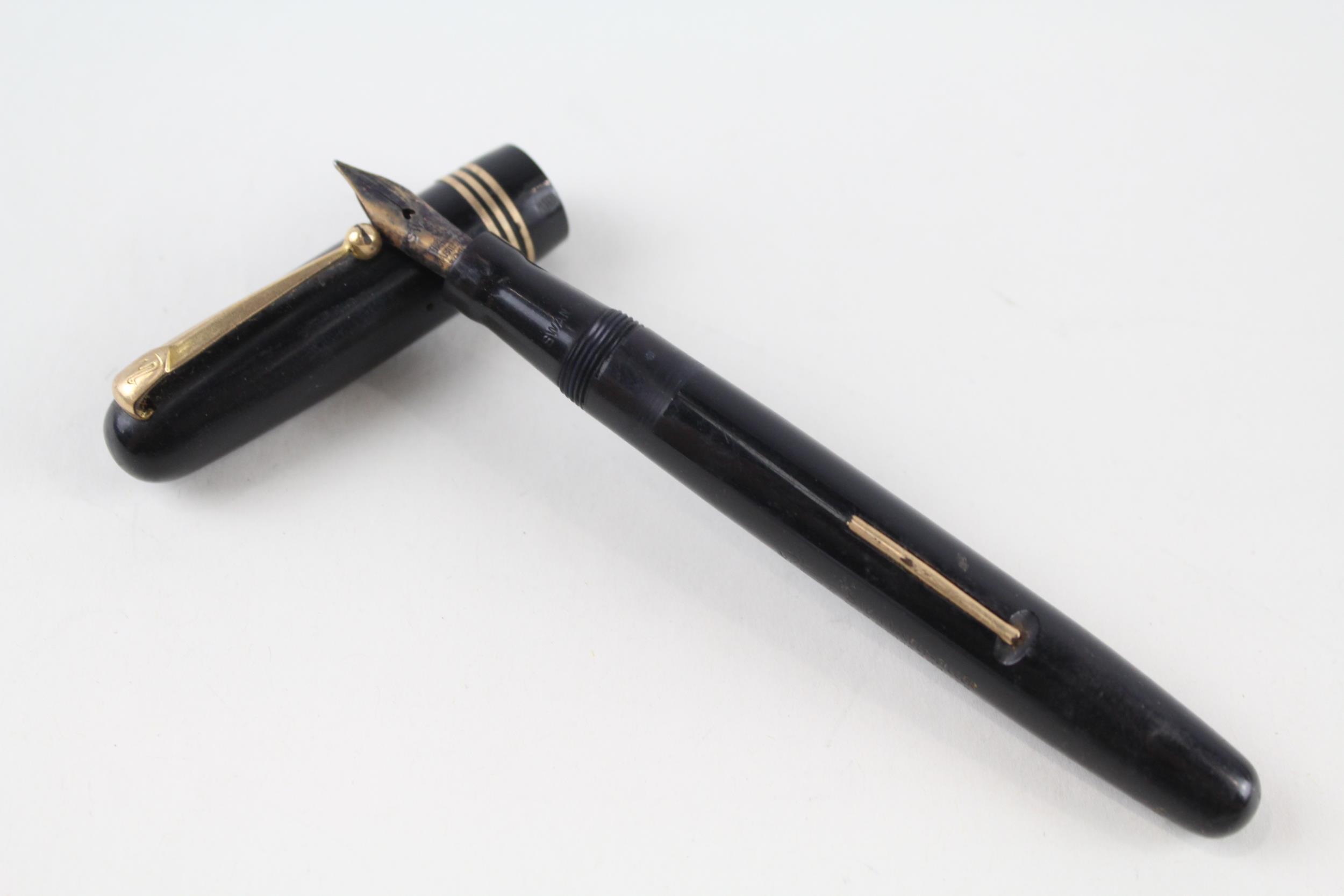 Vintage MABIE TODD Swan Self Filler Black Fountain Pen w/ 14ct Gold Nib WRITING - Dip Tested &