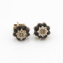 9ct gold diamond & sapphire floral cluster stud earrings (2.8g)