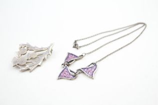 A collection of Scottish silver jewellery including an enamel necklace by Malcom Gray (14g)