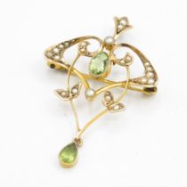 9ct gold edwardian peridot & seed pearl drop pendant and brooch (2.7g)