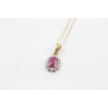 9ct gold ruby & diamond cluster pendant necklace (1.1g)