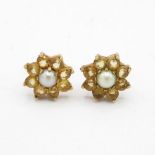 9ct gold vintage cultured pearl & yellow gemstone cluster stud earrings (2.1g)