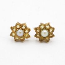 9ct gold vintage cultured pearl & yellow gemstone cluster stud earrings (2.1g)