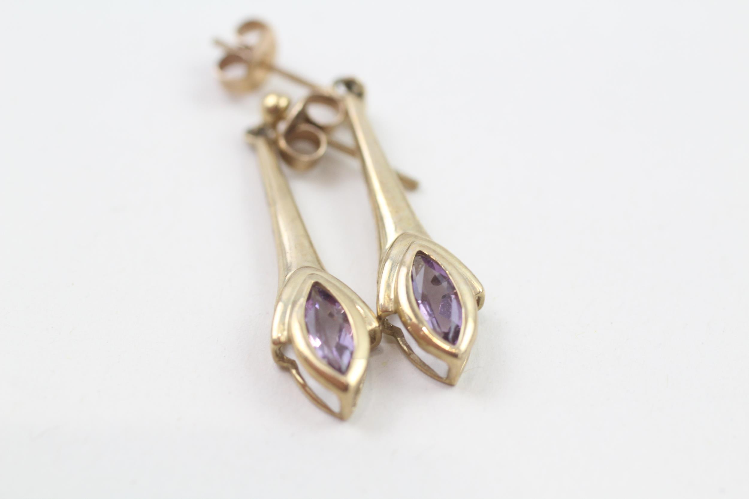 9ct gold marquise cut amethyst drop earrings with scroll backs (2.3g) - Image 3 of 4