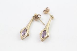 9ct gold marquise cut amethyst drop earrings with scroll backs (2.3g)