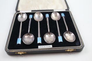 6 x Vintage Hallmarked 1933 Birmingham Sterling Silver Teaspoons w/ Enamel (52g) - w/ Original