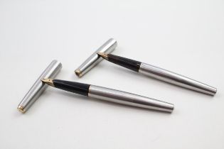 2 x Vintage PARKER 65 Brushed Steel Cased Fountain Pens w 14ct Gold Nibs WRITING - Dip Tested &