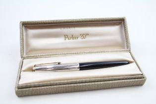 Vintage PARKER 51 Black Fountain Pen w/ 14ct Gold Nib, Rolled Silver Cap, Box - Dip Tested & WRITING