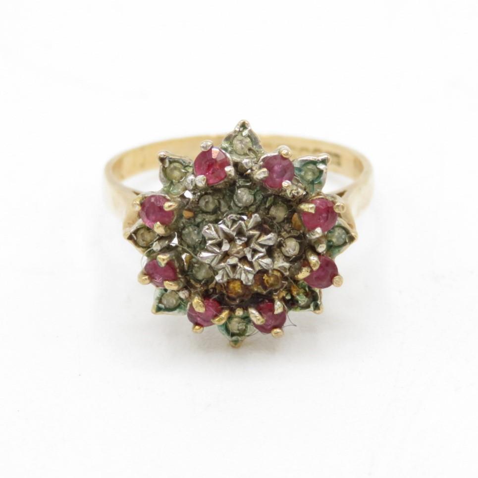 9ct gold diamond & ruby floral cluster ring (3.2g) Size O