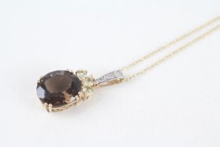 9ct gold oval cut smokey quartz, citrine & diamond pendant necklace 3.8 g