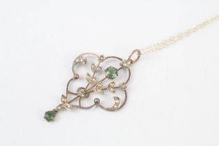 9ct gold antique seed pearl & peridot paste floral pendant necklace with later chain 2.6 g