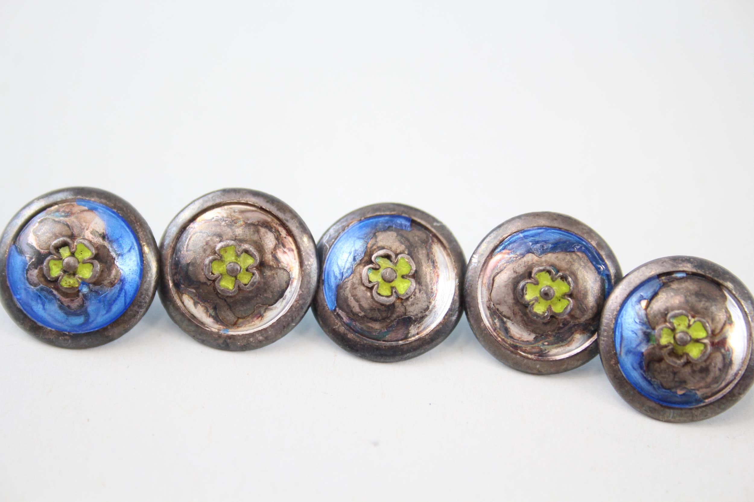 5 x Antique / Vintage Stamped .925 Sterling Silver Guilloche Enamel Buttons (8g) - Diameter - 1. - Image 3 of 5