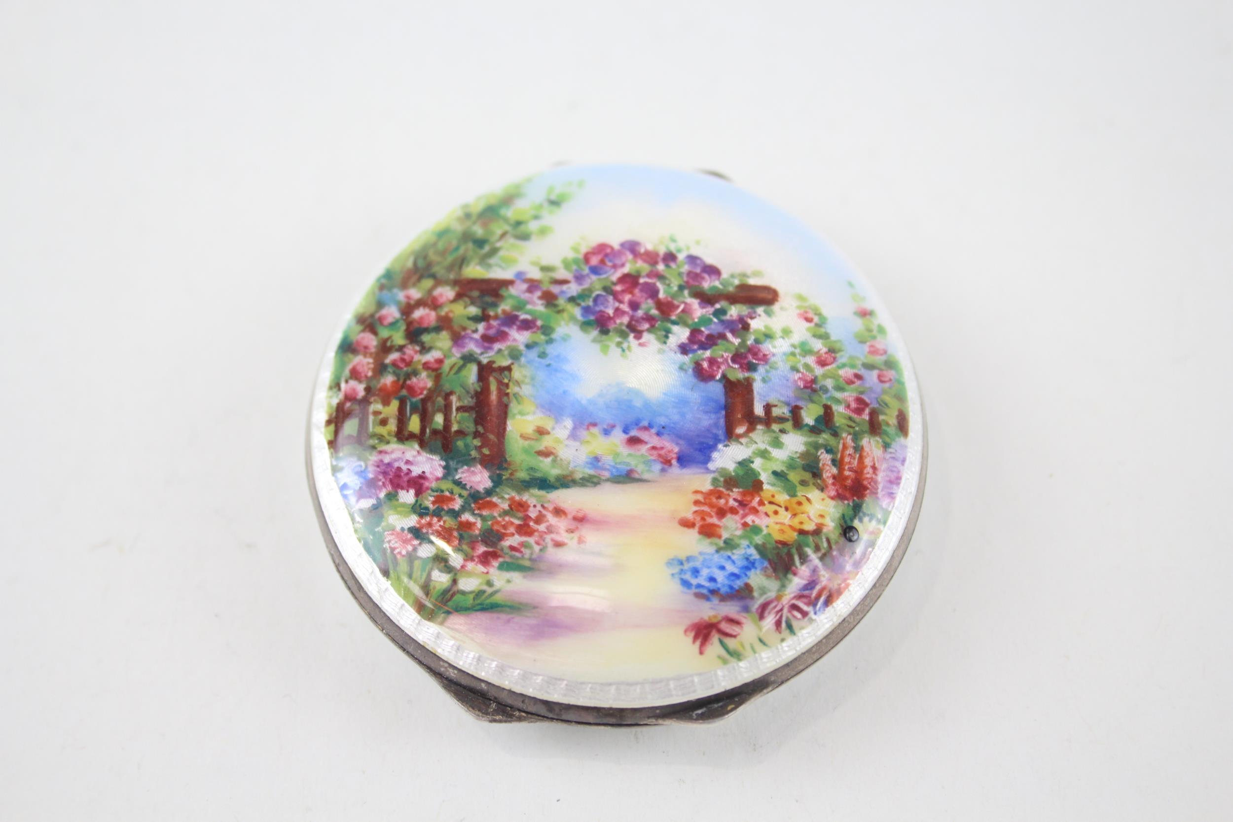 Vintage .925 Sterling Silver Guilloche Enamel Garden Scene Vanity Compact (63g) - Diameter - 6.2cm