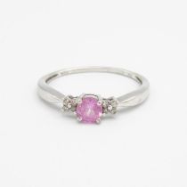 9ct gold pink sapphire & diamond three stone ring Size K 1/2 1.2 g