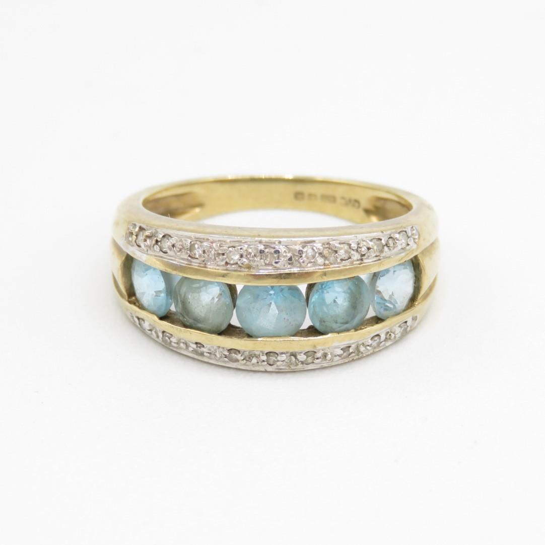 9ct gold blue topaz & diamond three row eternity ring Size M