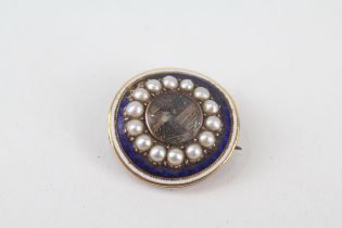 9ct gold antique split, pearl blue and white enamel, and woven hair locket lace pin brooch - pin and