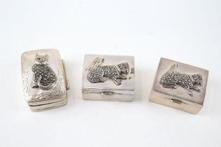 3 x Vintage HM .925 Sterling Silver Marcasite Cat Pill / Trinket Boxes (63g) - In vintage