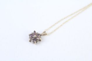 9ct gold diamond & purple gemstone floral cluster pendant necklace 1.7 g