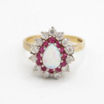 9ct gold opal, ruby & cubic zirconia pear shaped cluster ring Size N 3.3 g