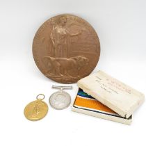 WWI Boxed medal pair and Death Plaque - Arthur Ernest Rowley medals 18032 Pte. -