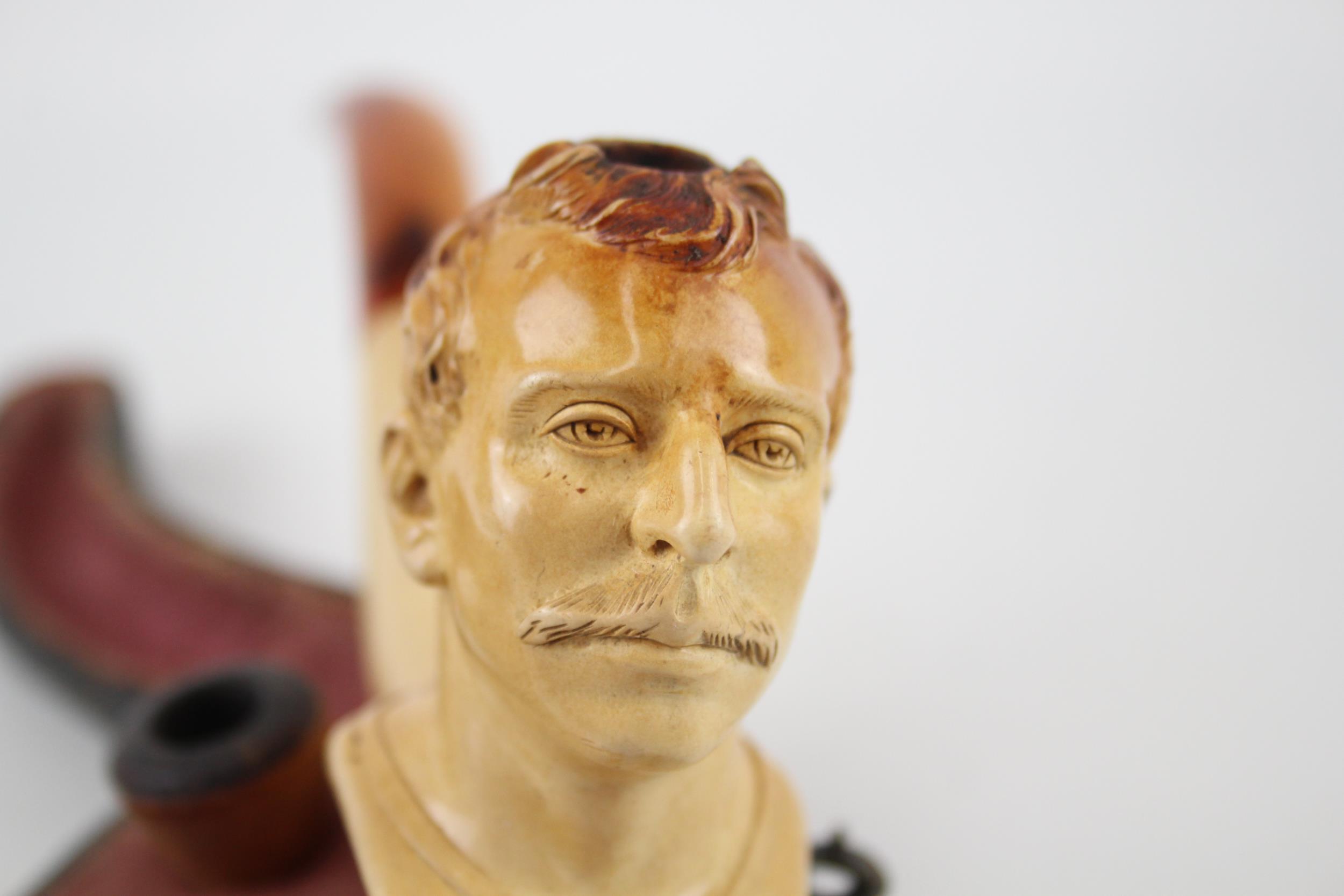Antique Carved Meerschaum Tobacco /Cheroot Smoking Pipe Of Man w/ Mustache - In Original Fitted Case - Image 2 of 5
