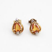 9ct gold pear cut yellow gemstone & white sapphire stud earrings with scroll backs