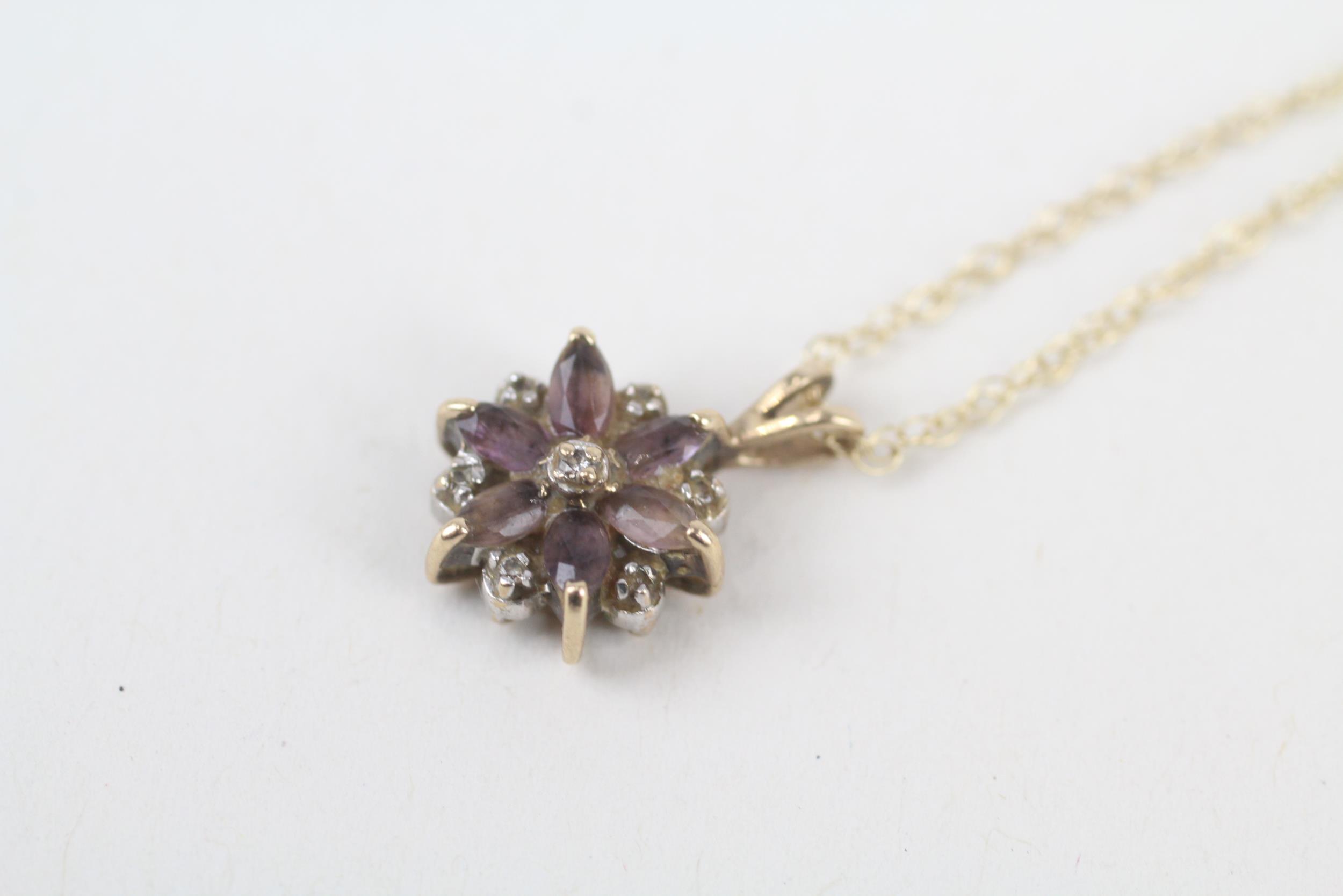 9ct gold diamond & purple gemstone floral cluster pendant necklace 1.7 g - Image 2 of 4