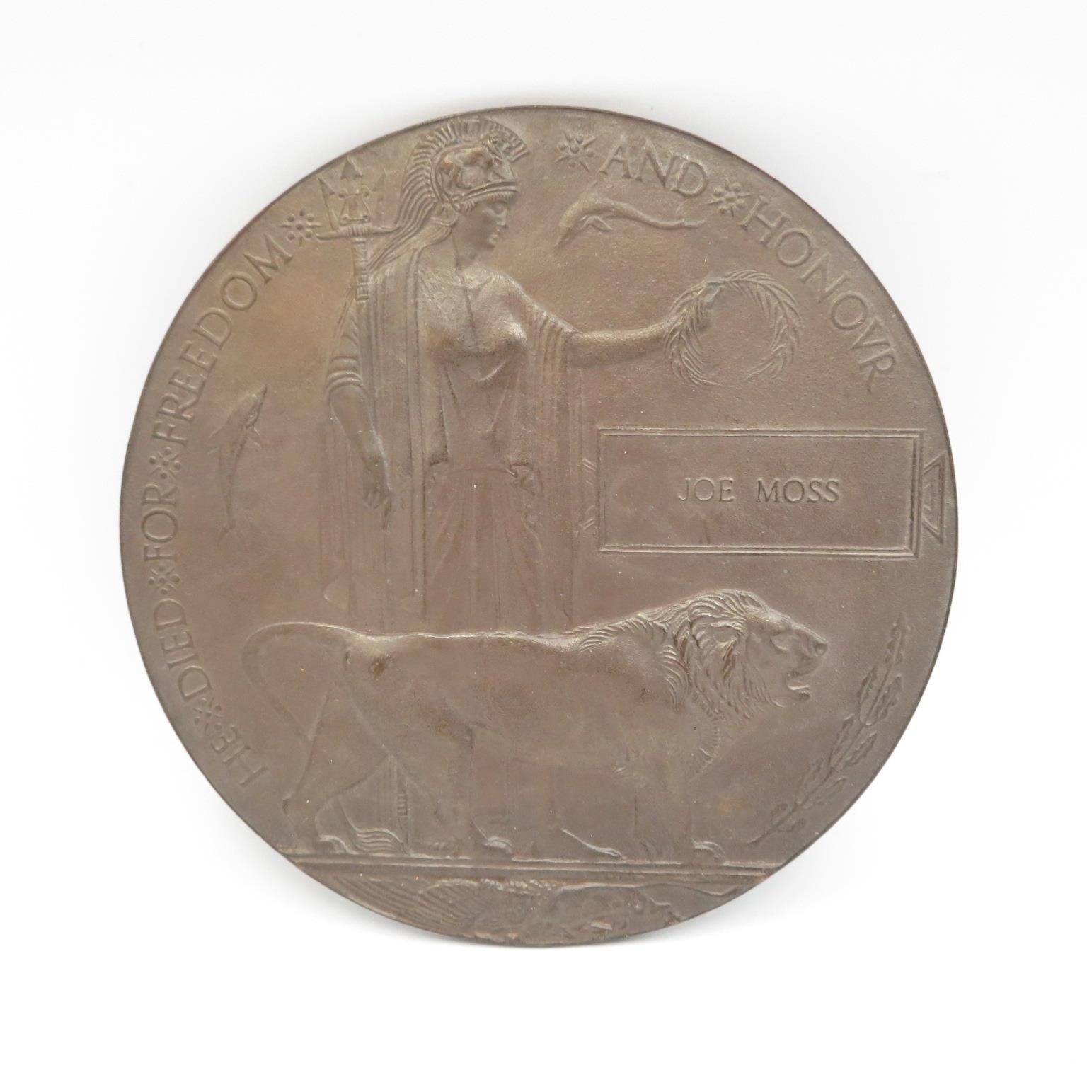 WWI Death Plaque and Victory medal named Joe Moss medal - 3387 Pte J Moss West Yorks - - Bild 3 aus 7