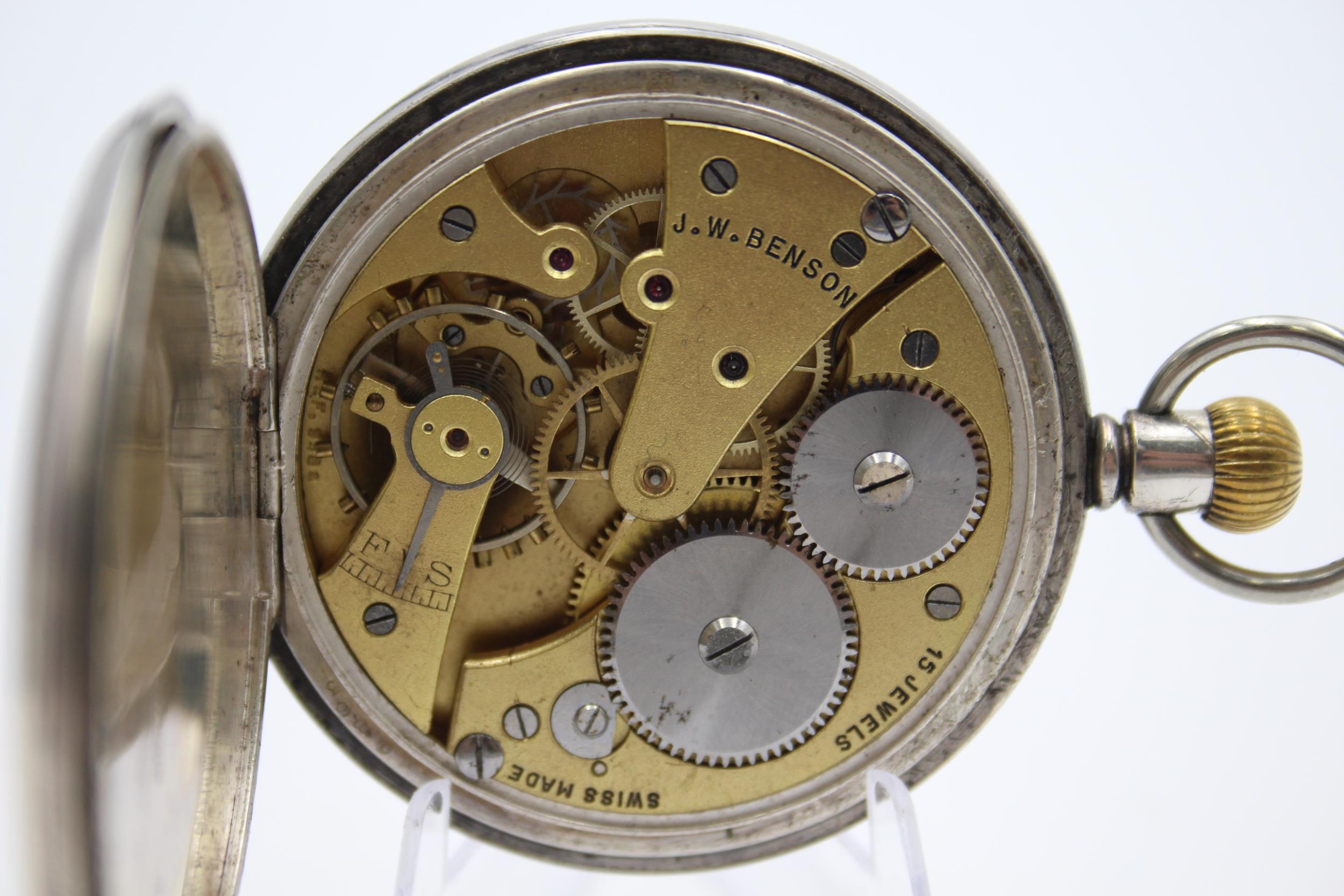 J.W BENSON Sterling Silver Vintage Half Hunter Pocket Watch Hand-wind WORKING - J.W BENSON - Image 6 of 6