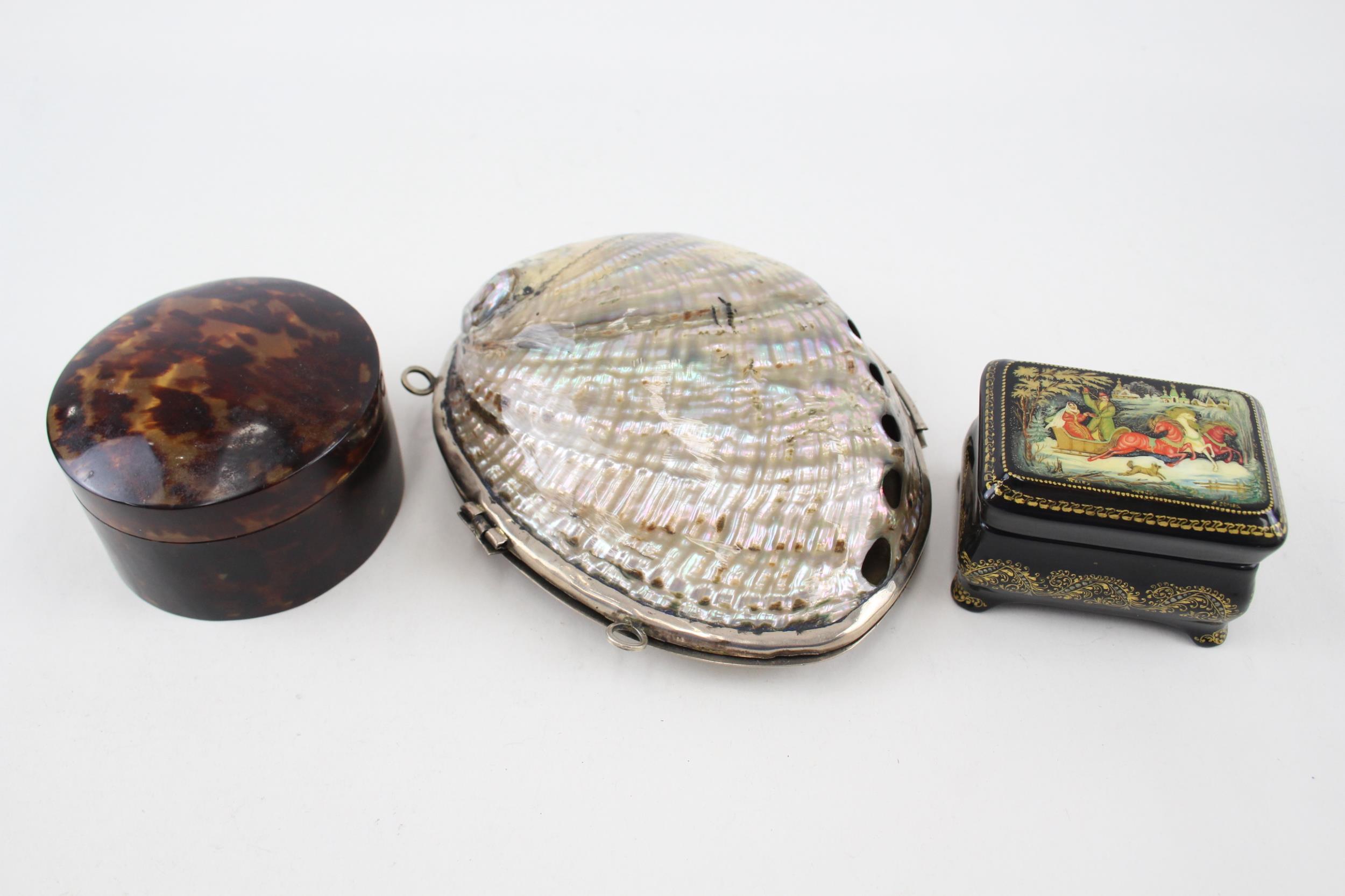 3 x Antique / Vintage TRINKET BOXES Inc Lacquer, Tortoiseshell, Abalone Shell - In antique / vintage
