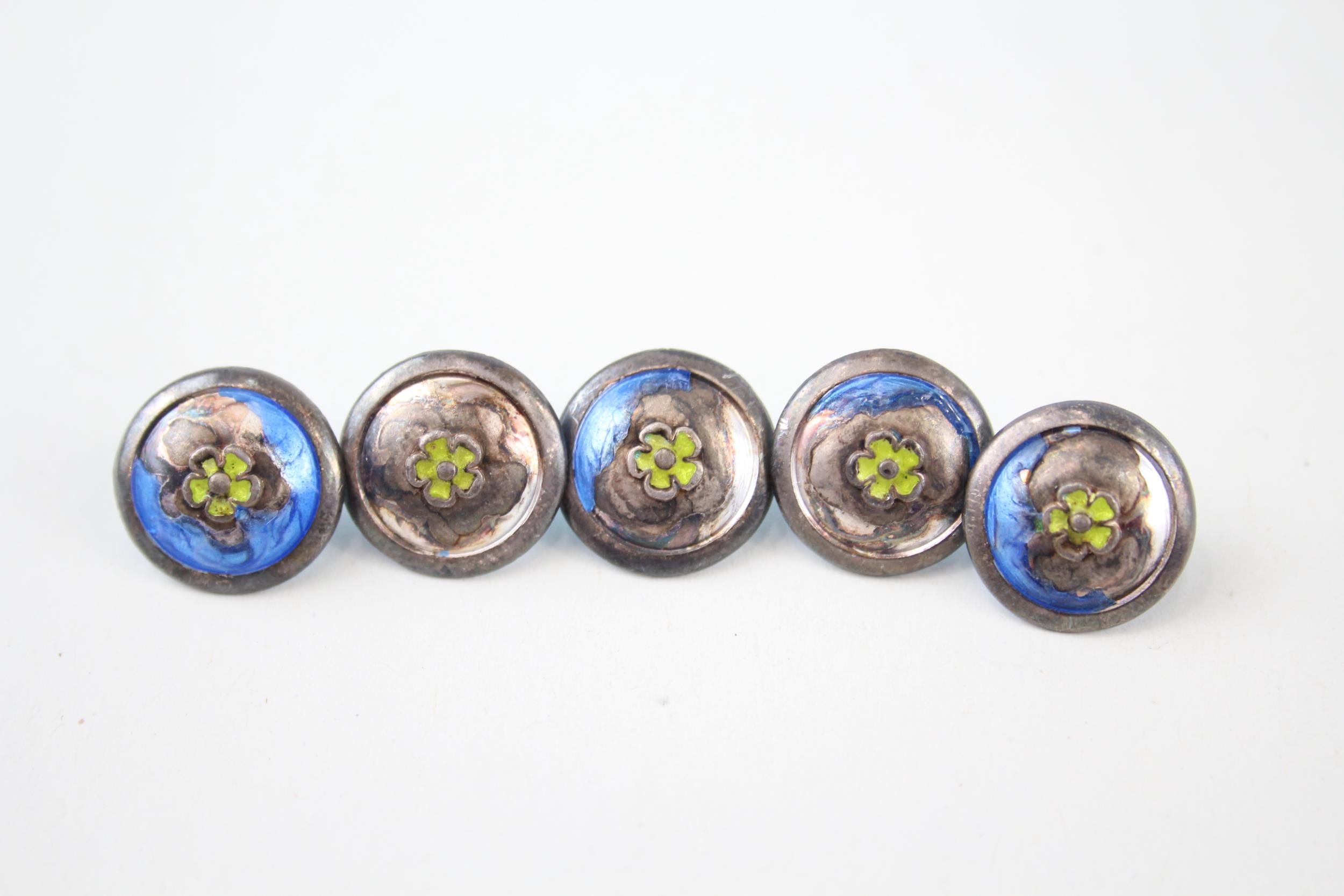 5 x Antique / Vintage Stamped .925 Sterling Silver Guilloche Enamel Buttons (8g) - Diameter - 1.