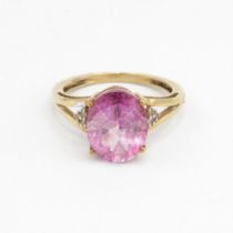 9ct gold oval cut enhanced pink topaz & diamond dress ring Size O