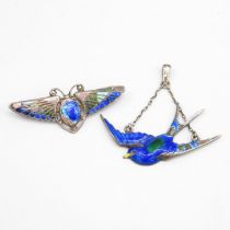 Silver enamel brooch and pendant including Charles Horner (8g)