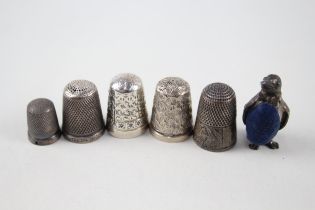 6 x Antique / Vintage Hallmarked .925 Sterling Silver Pin Cushion & Thimbles 38g - Inc Novelty,