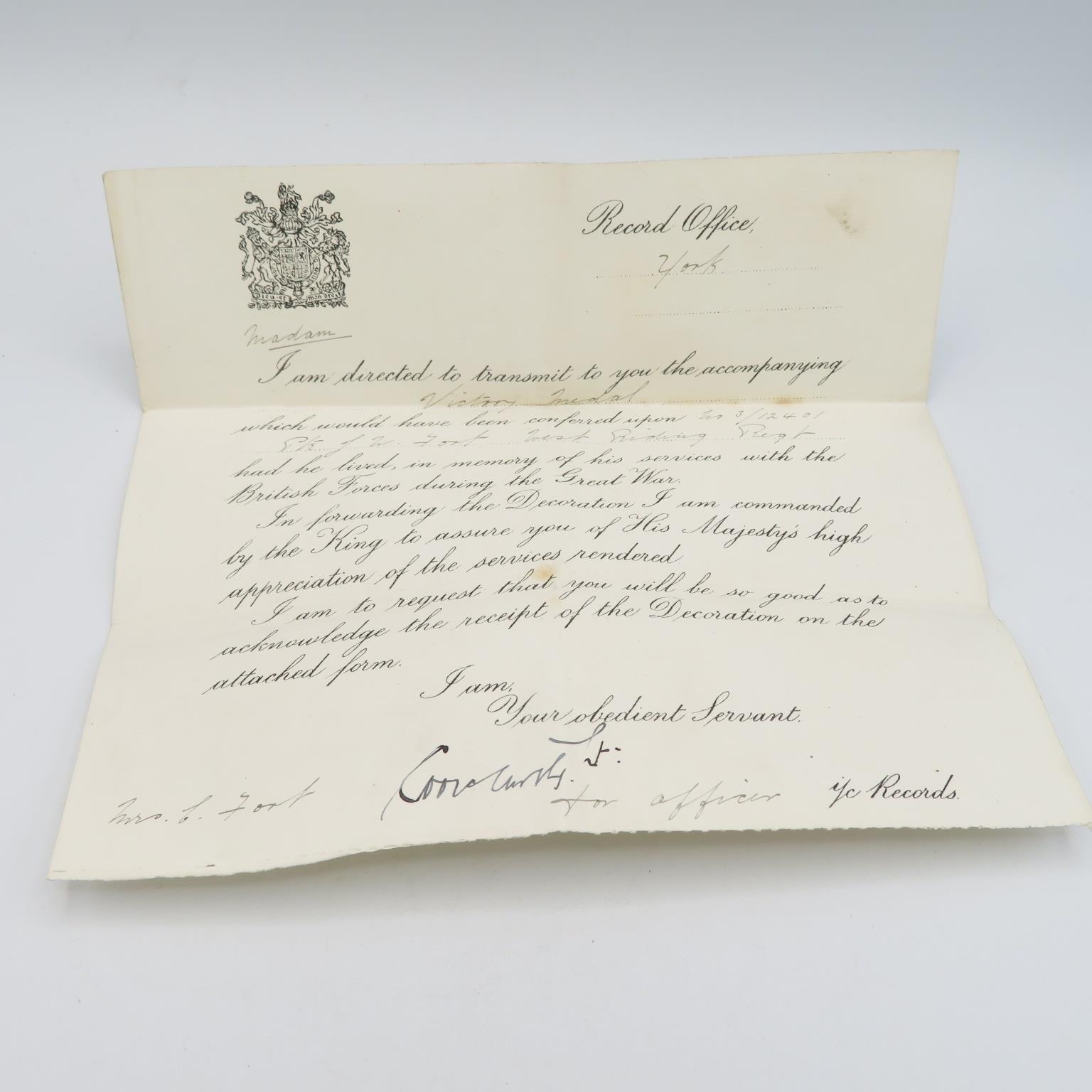 WWI medal pair and Death Plaque record office letters. Plaque names Joseph William Fort medals 3. - Image 10 of 11