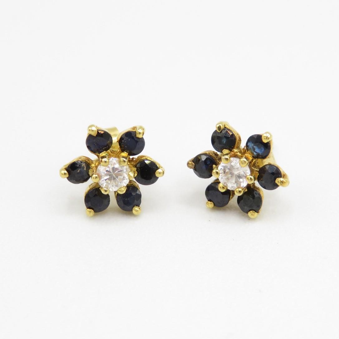 9ct gold sapphire & white gemstone floral cluster stud earrings