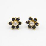 9ct gold sapphire & white gemstone floral cluster stud earrings